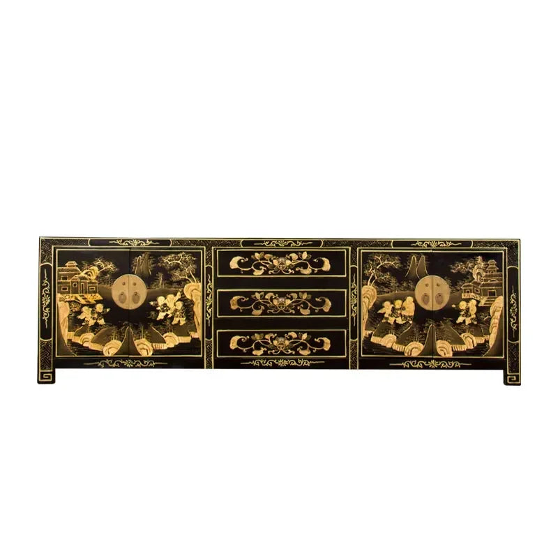 Solid Wood Traditional Gold-Painted Chinese TV Cabinet – Retro Low Credenza (180 cm)