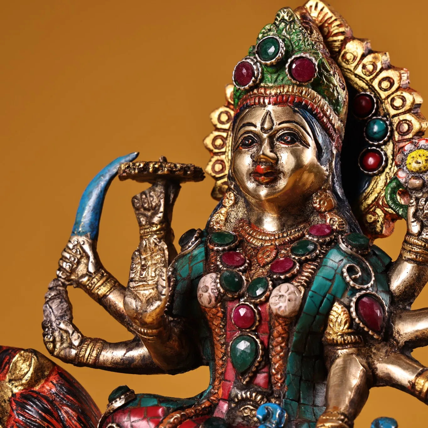 9" Tibetan Temple Collection Old Bronze Outline in gold Mosaic Gem Turquoise Durga Six-armed Lion guardian Shiva Worship Hall