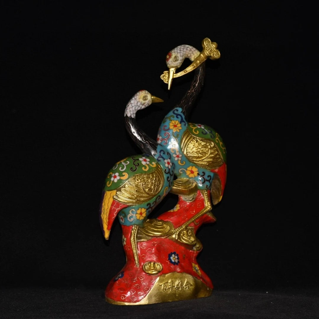 15" Tibet Tempel Sammlung Alt Bronze Cloisonne Emaille Doppelkranich Statue Mandschurenkranich Hundert Jahre Versöhnung