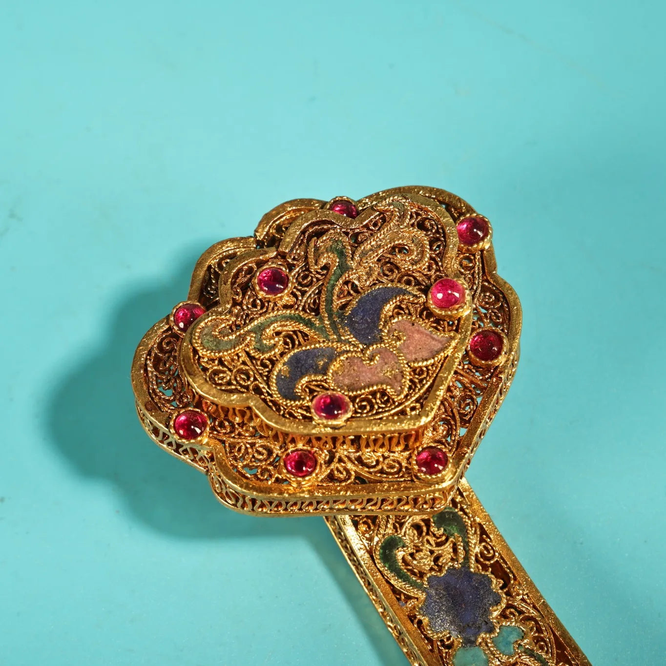 12" Tibetan Silver Gilded Ruyi Screen – Gem Cloisonné Asian Home Decor