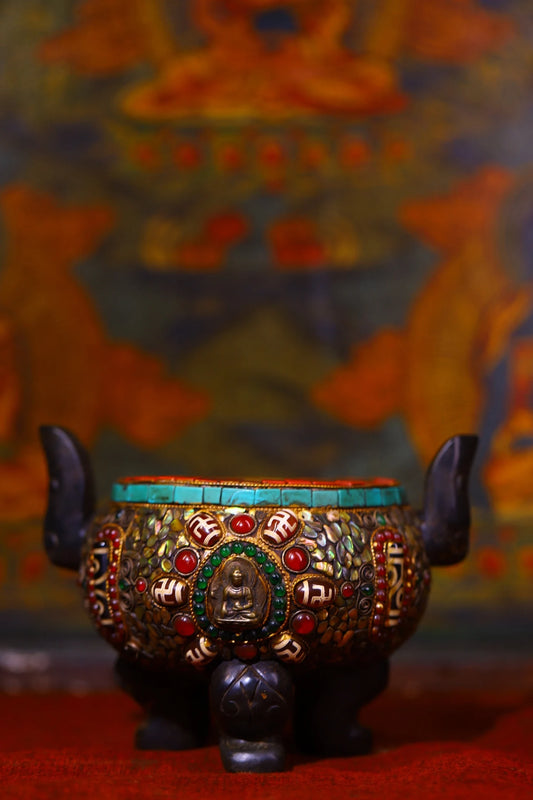 Tibetan Meteorite & Turquoise Shakyamuni Luding Incense Burner (9")