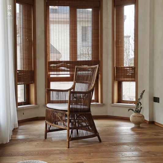 Southeast Asian Handmade Natural Rattan Single Chair – Wabi-Sabi Balcony Lounge Armchair