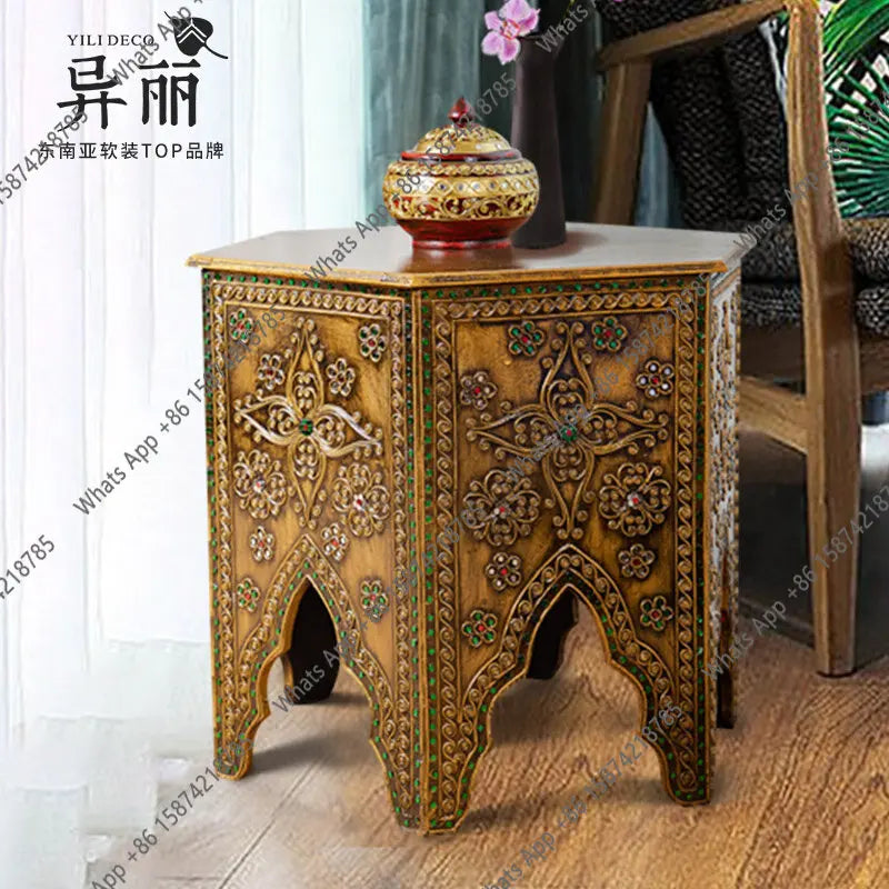 Strange Southeast Asian style furniture Thai small coffee table vintage sofa side table round table Thai balcony tea