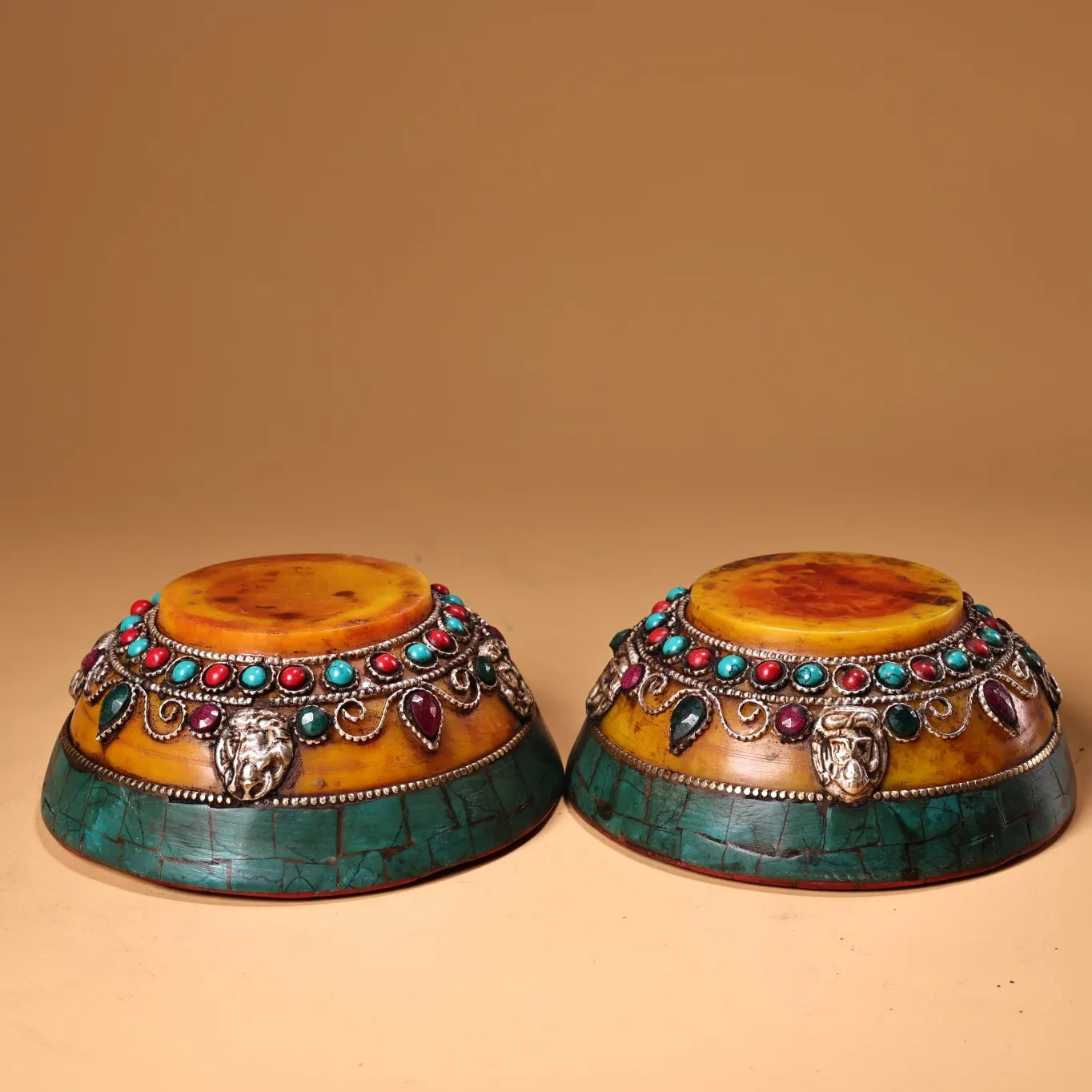 Tibetan Beeswax Gem Filigree Butter Bowls (Pair, 4")