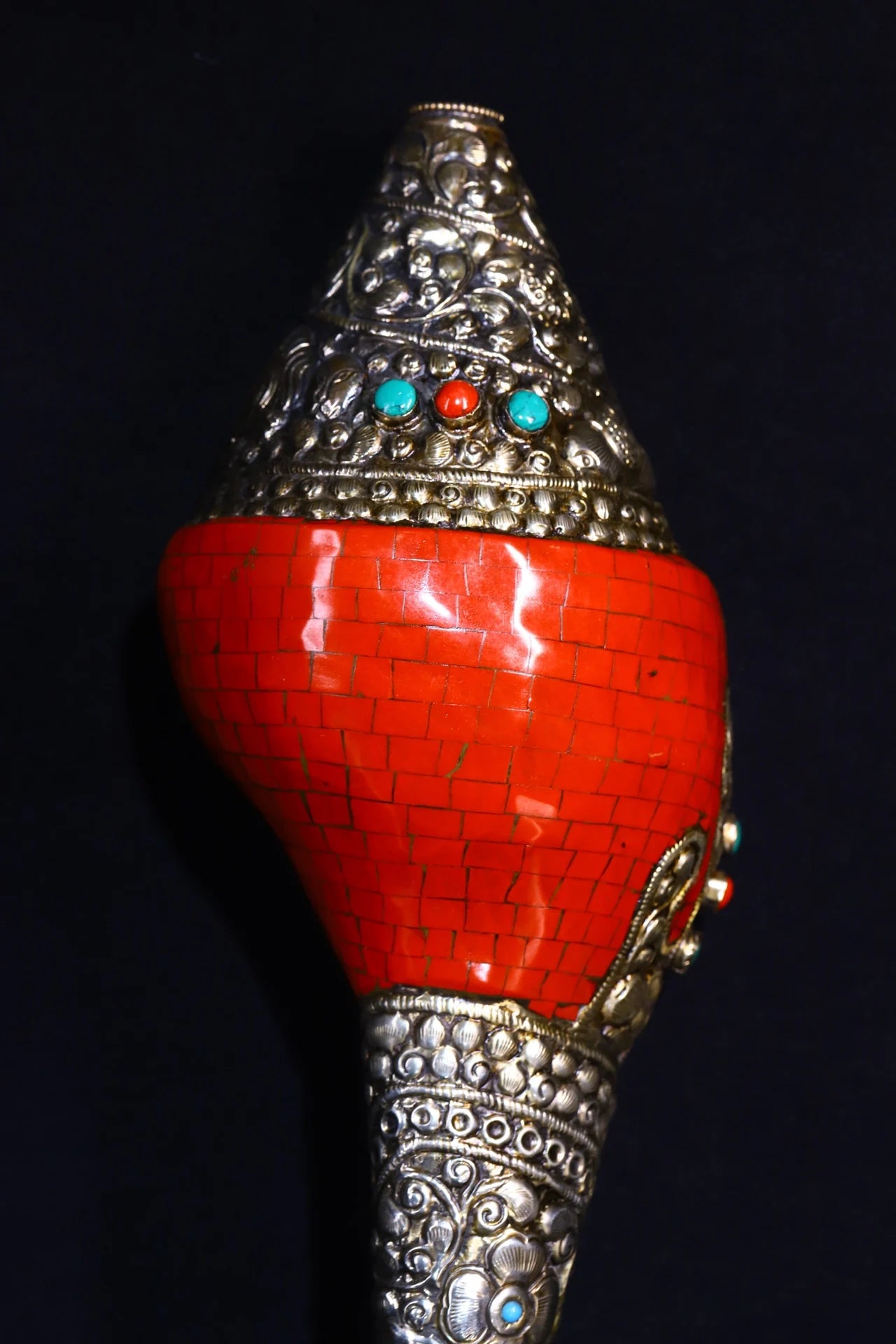 13"Tibetan Temple Collection Old Natural Conch Tibetan silver Mosaic Gem Turquoise Buddha Conch Worship Hall Town house