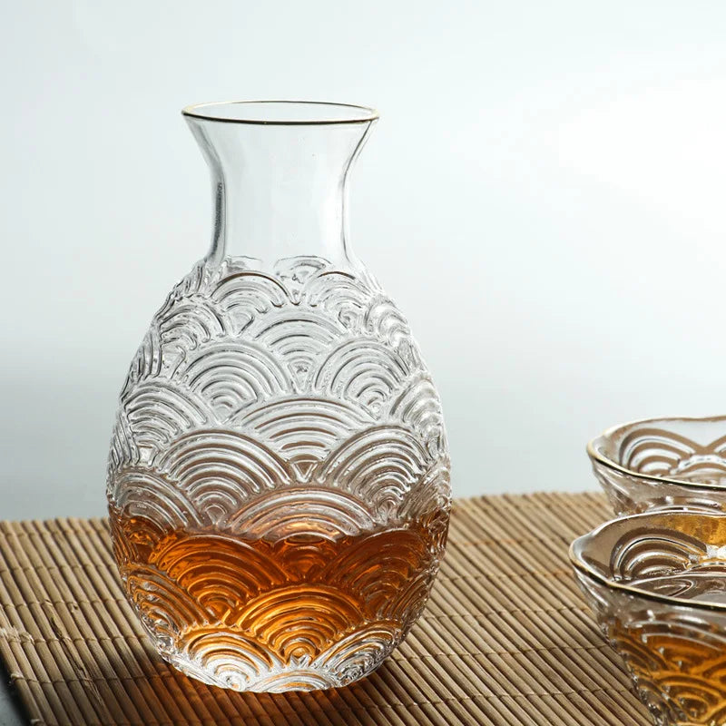 Japanese Hammered Glass Sake Set – Tokkuri Carafe, Warming Bowl & Sipping Cups