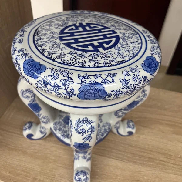 Classical Blue & White Porcelain Four-Legged Stool | Ceramic Pedestal & Accent Seat