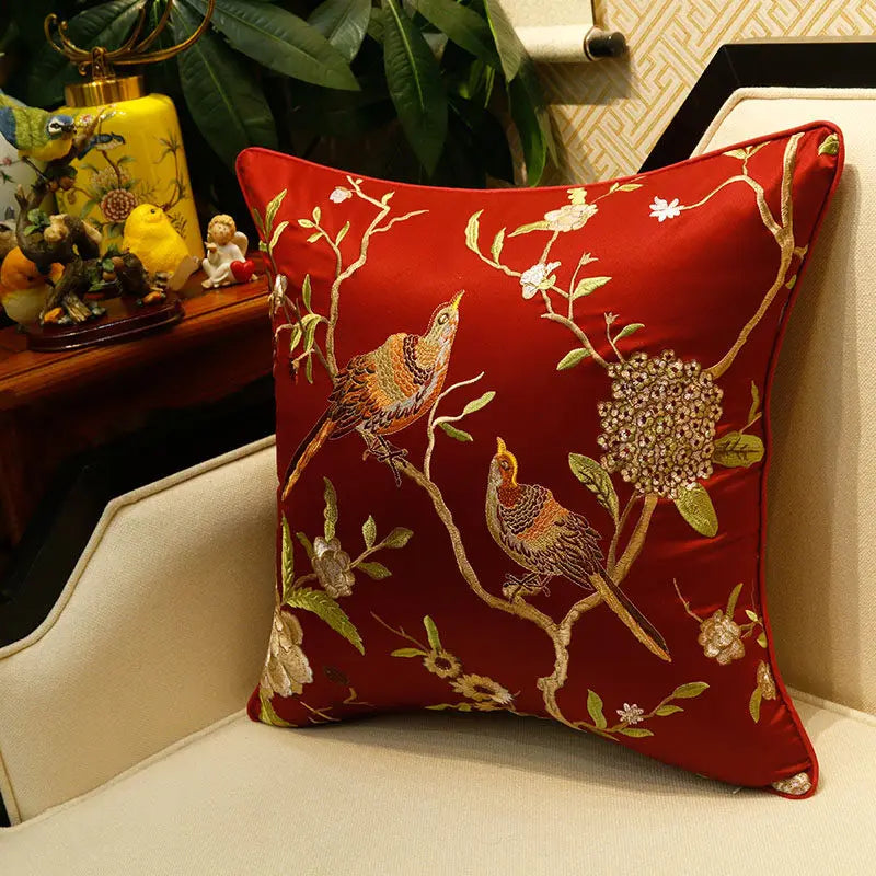 New Chinese-Style Flower & Bird Embroidered Pillow Cover – Silk-Touch Lumbar & Square Cushion Case