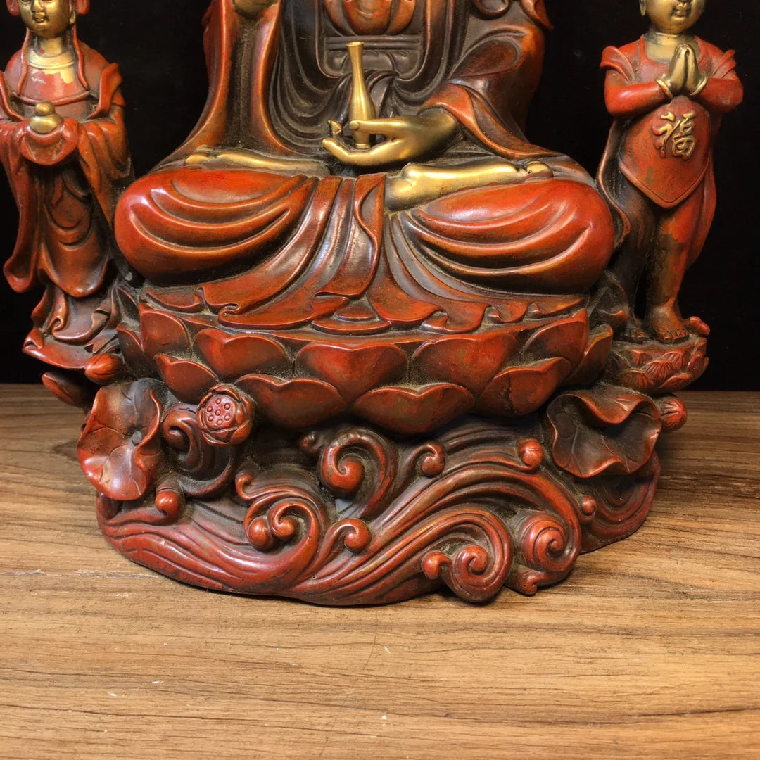 12" Bronze Gilded “Sending Boy” Guanyin – Temple Bodhisattva Statue