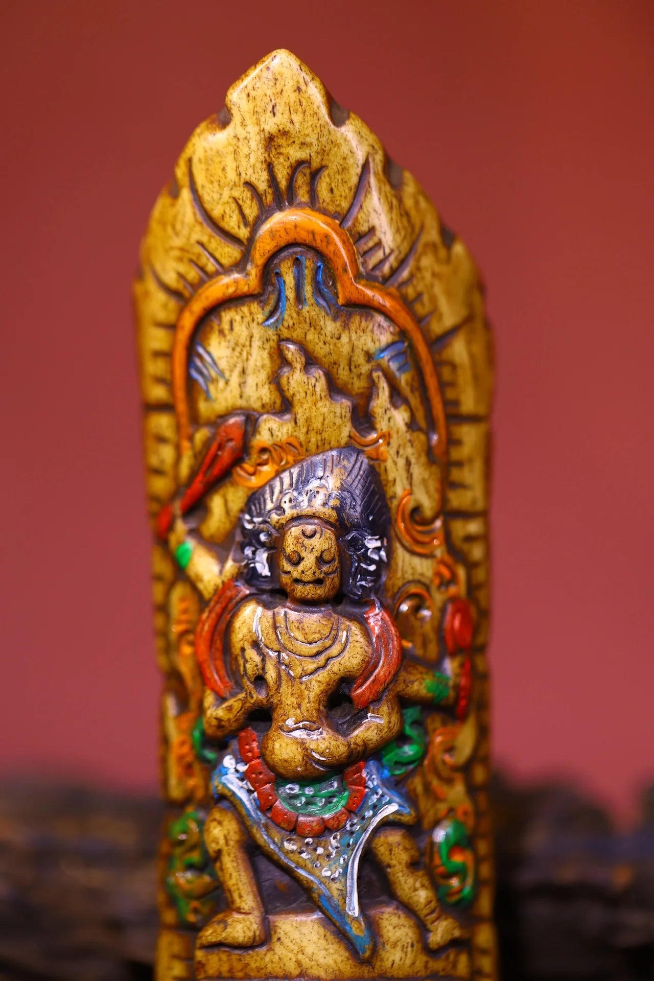 Temple Collection Old Gabala Carving Painted Gabalafo clothing pieces Six arms Mahakala Pendant Amulet  Town house