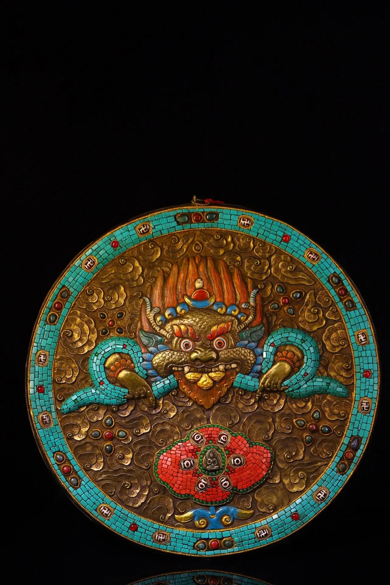 Tibetan Silver Gilded Mosaic Gem Amulet with Turquoise