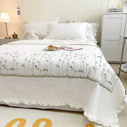 Korean Ruffle & Floral Embroidered Summer Quilt – Lightweight Cooling Bedspread & Coverlet