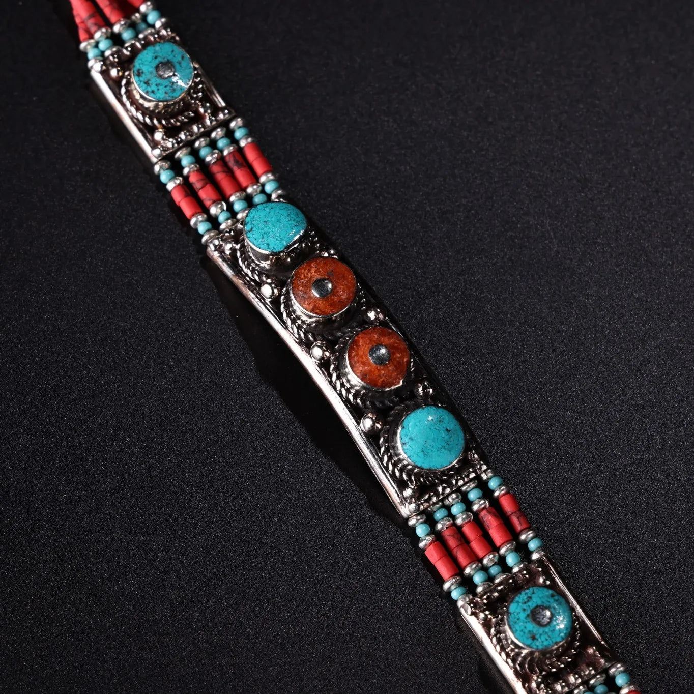 8" Tibetan Silver Turquoise Buddha Chain – Filigree Amulet Asian Home Decor
