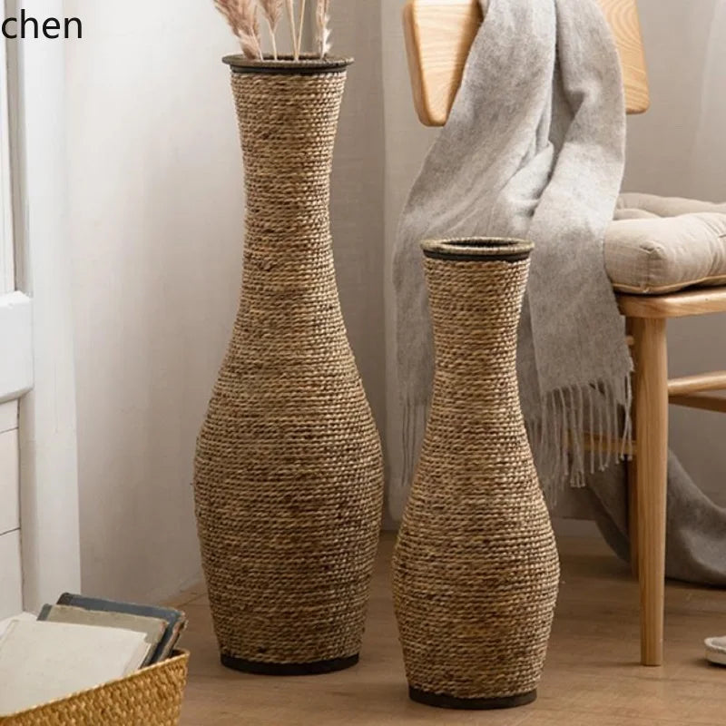 Retro Woven Rattan & Bamboo Glass Vase – Natural Dried Flower Basket