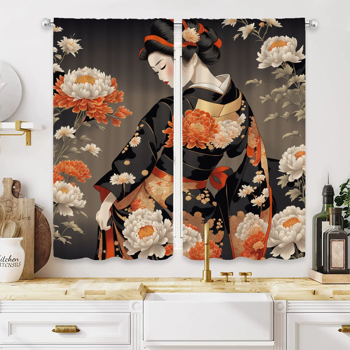 Japanese Geisha & Kimono Art Window Curtains – Traditional Oriental Drapes (2 Panels)