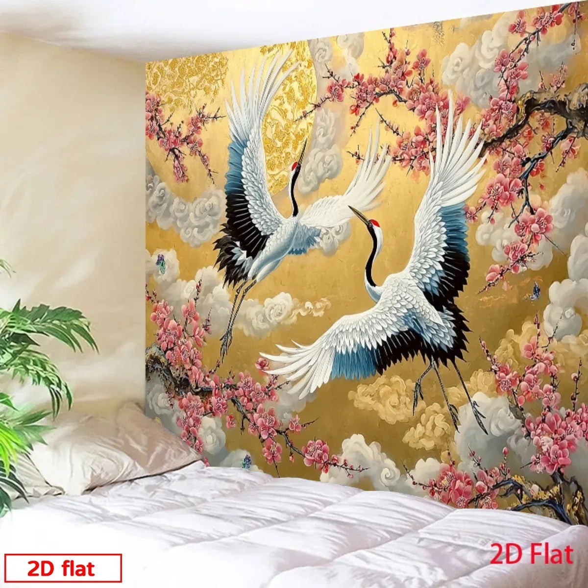 Majestic Birds & Cherry Blossom Wall Tapestry | Luxury Gold Asian Art Hanging