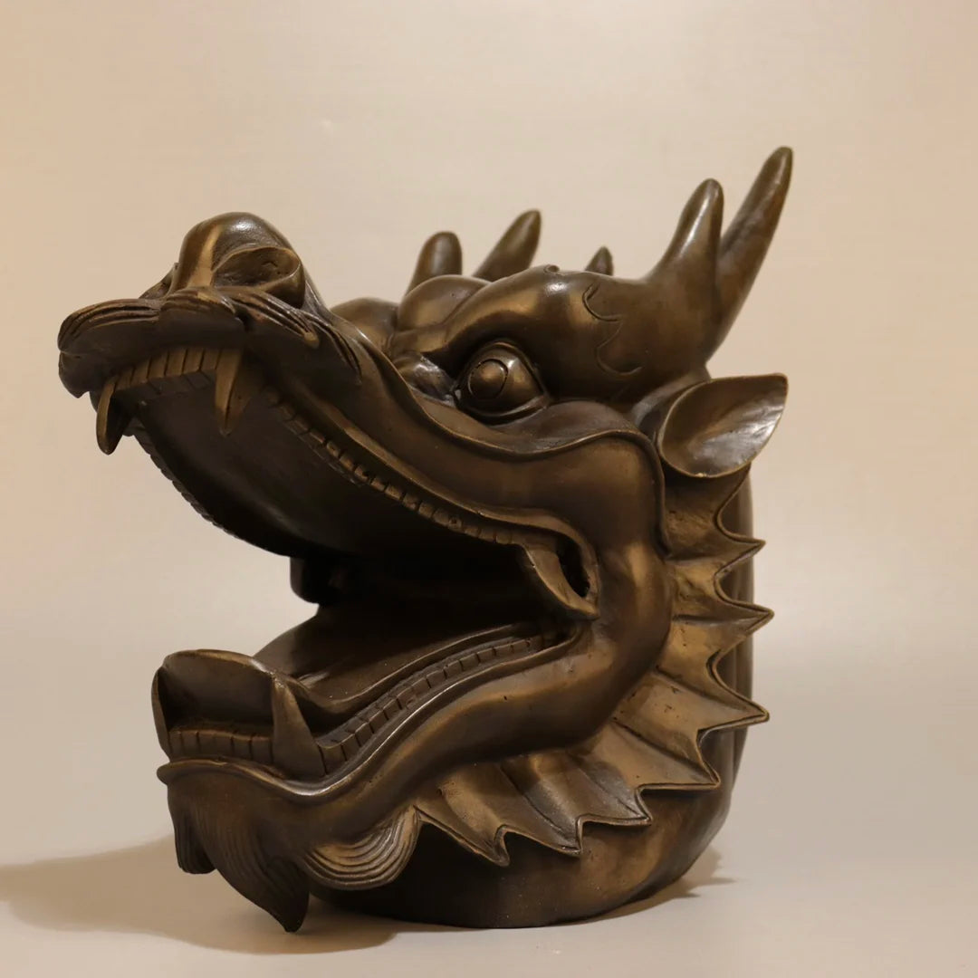 Chinese Brass Dragon Head (Loong) Wealth Guardian Statue (10")