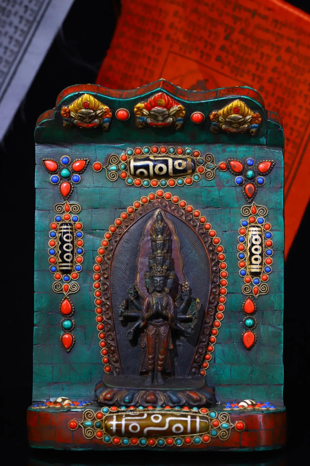 9" Tibetan Temple Collection Old Bronze Mosaic Gem gZi Beads Turquoise 1000-Arm Guanyin