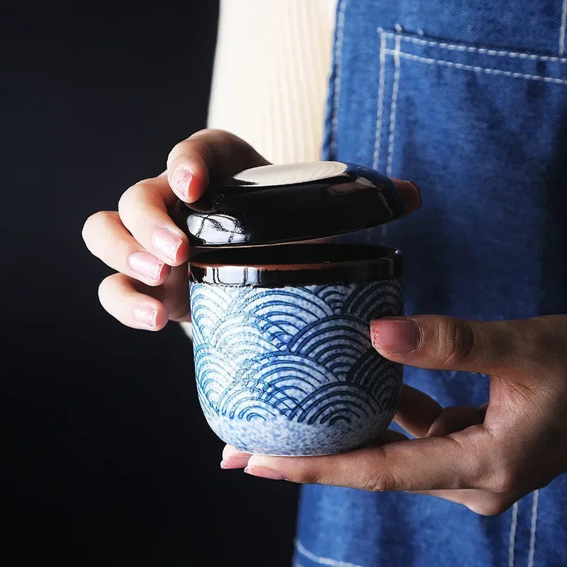 Chanshova Handmade Retro Ceramic Teacup – Hand-Painted Ocean Wave Mug (80–200ml)