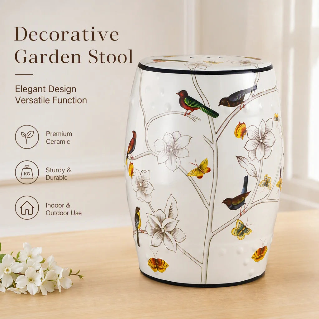Hand-Painted Ceramic Drum Stool with Floral Bird Motif – Porcelain Oriental Accent Ottoman for Living Room or Entryway
