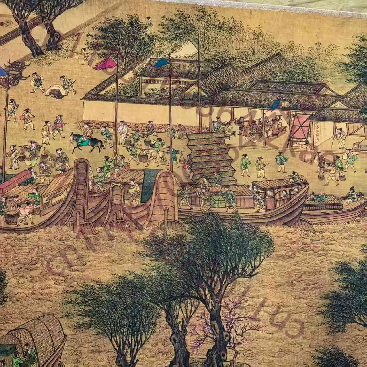 Chinese Old Picture Paper "Riverside Scene at Qingming Festival" Long Scroll Painting