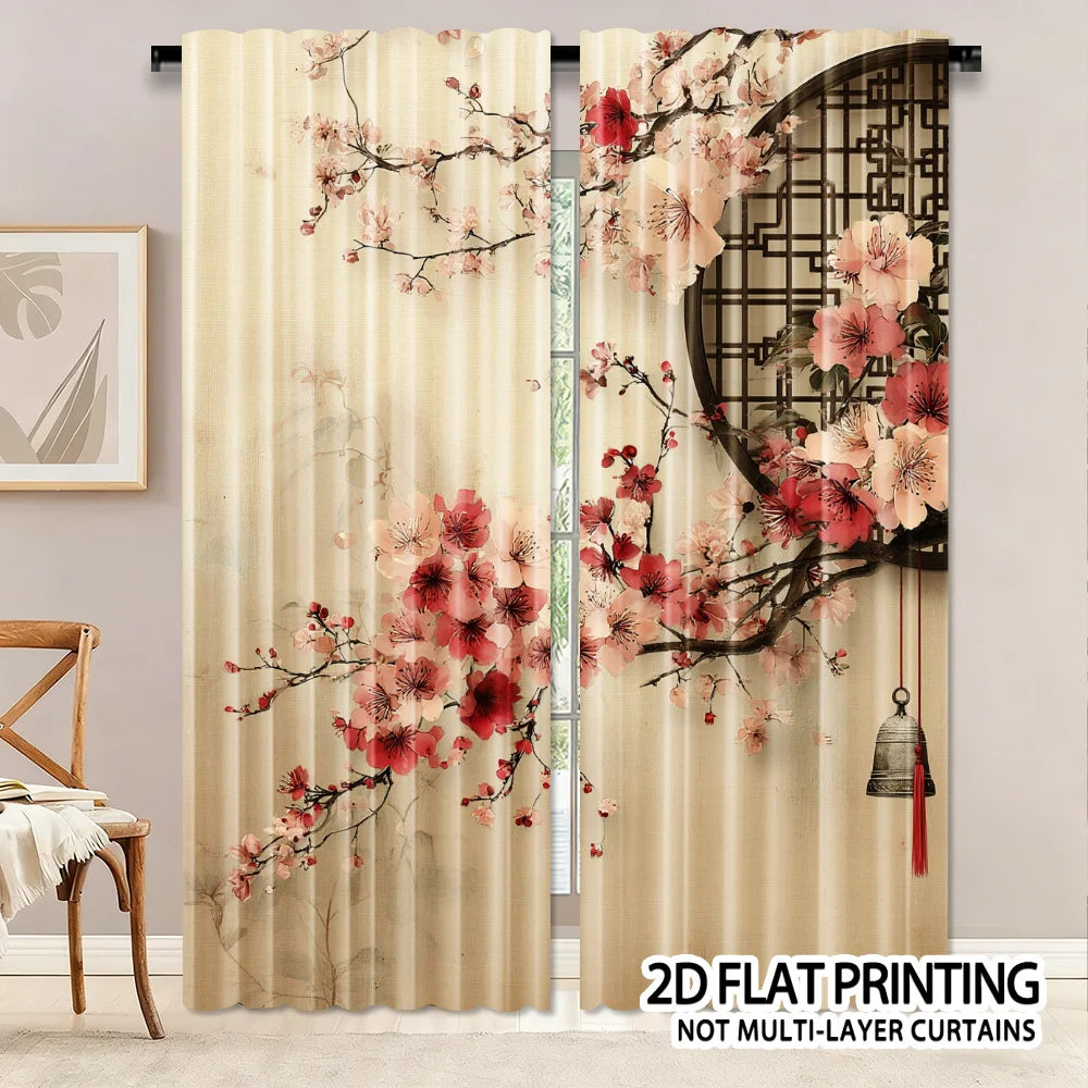 Watercolor pattern of plum blossoms Print Drapes Room Darkening Window Curtains Home Decor,Rod Pocket Blackout Curtains Bedroom