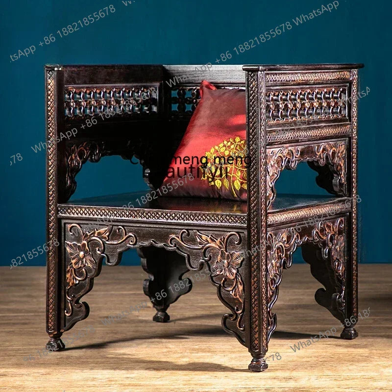 Classical Hand-Carved Chinese Elm Armchair – Solid Wood Vintage Salon Chair