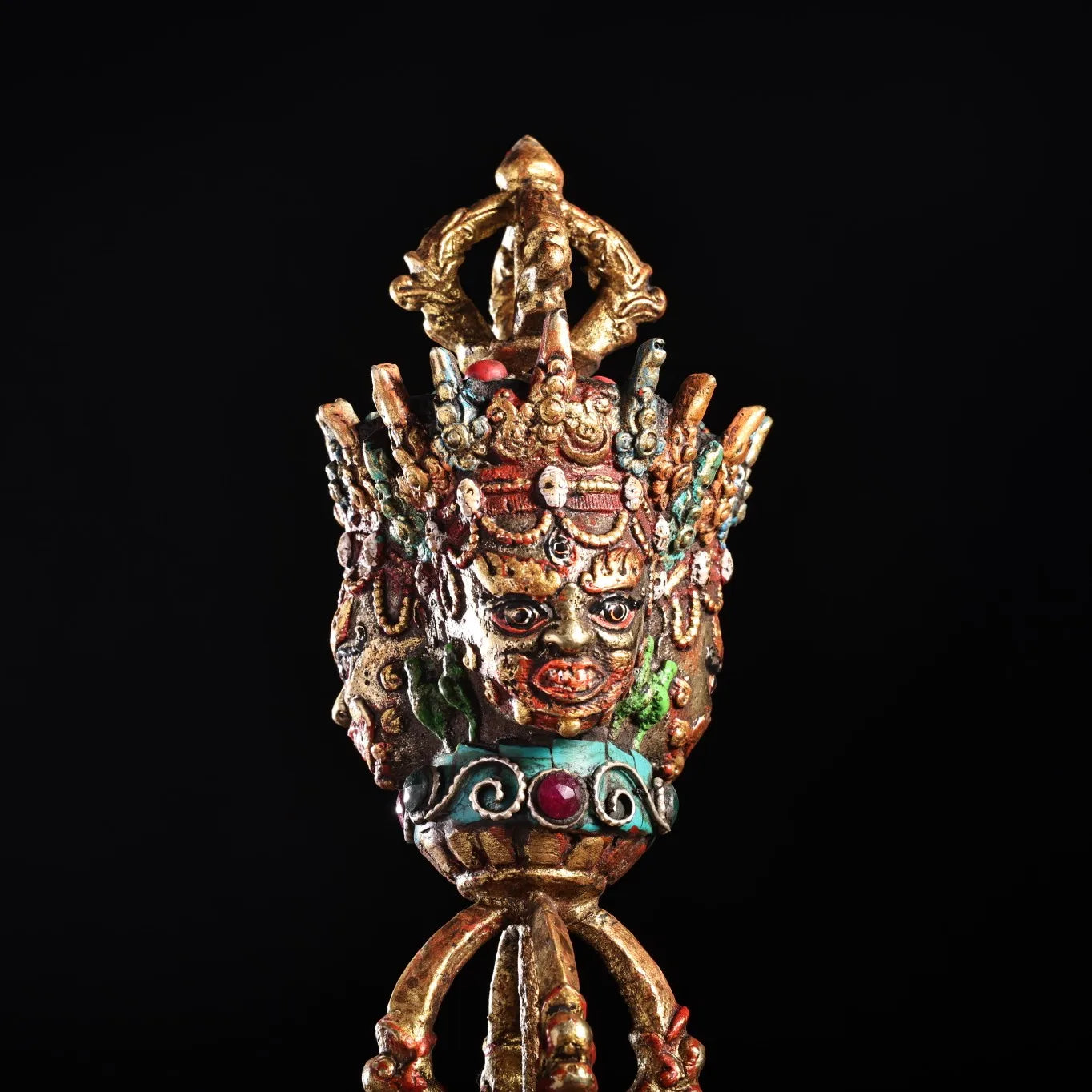 16"Tibetan Temple  Collection Old Bronze Outline in gold Painted Mosaic Gem  Turquoise Hayagriva Dorje Vajra Phurpa Worship Hall