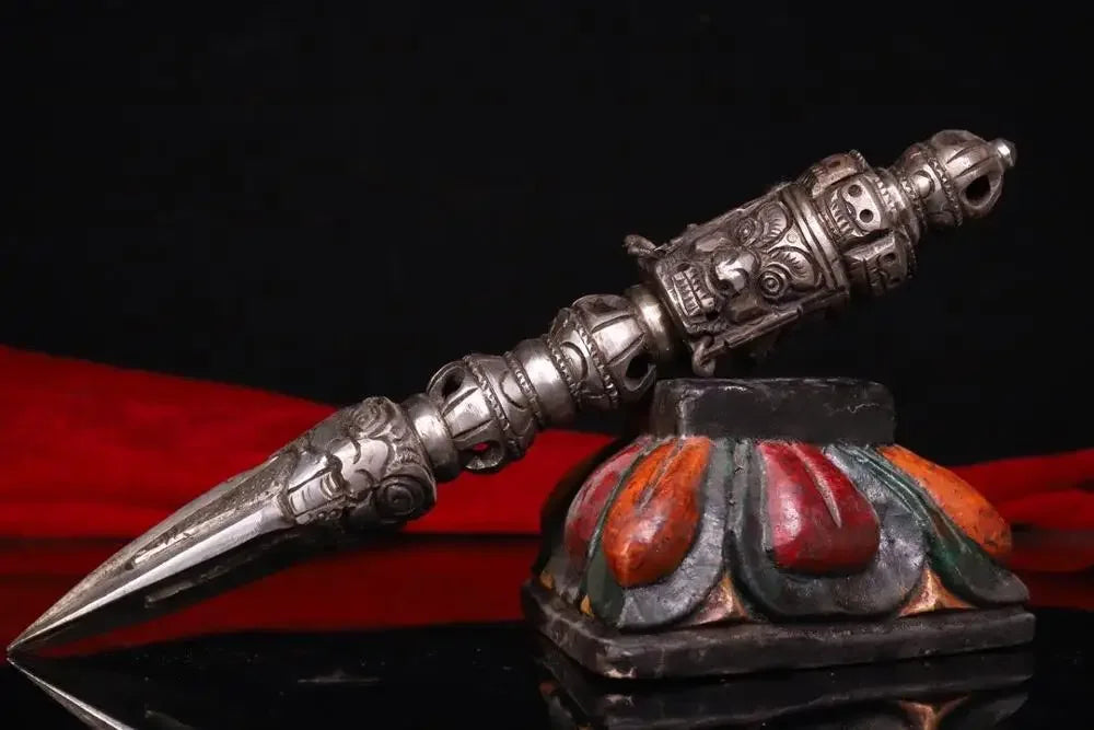 11"Tibetan Temple Collection Old Tiantie Cinnabar Mahakala Buddha Dorje  Vajra Phurpa Amulet Dharma Worship Hall Town House