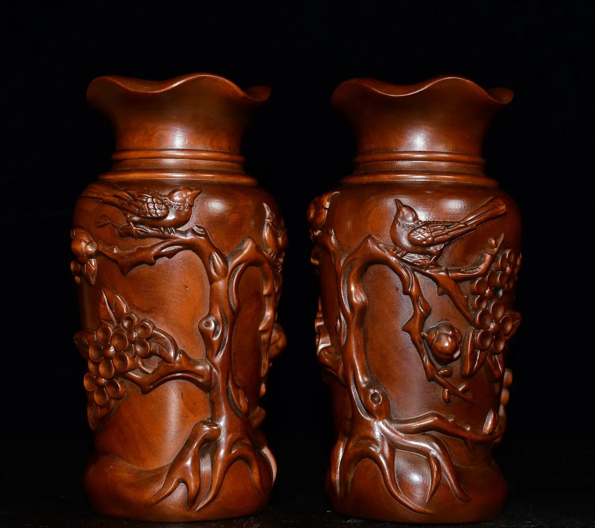 6"Tibetan Temple Collection Old Boxwood Magpie and Plum Blossom Pattern Vase  A Pair Amass wealth Ornaments Town house