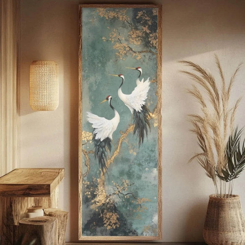 Japanischer goldener Kranich-Deko-Poster, luxuriöse Leinwandmalerei, vertikales rahmenloses Wandbild für den Eingangsbereich