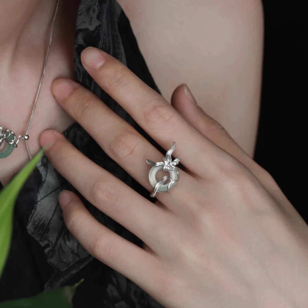 Sterling Silver Orchid Round Jade Adjustable Ring