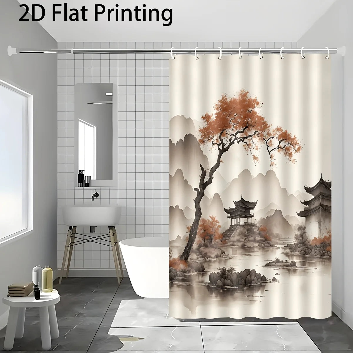 Chinese Pagoda & Misty Mountain Landscape Shower Curtain – Waterproof Oriental Fabric Bath Curtain (180×200cm)