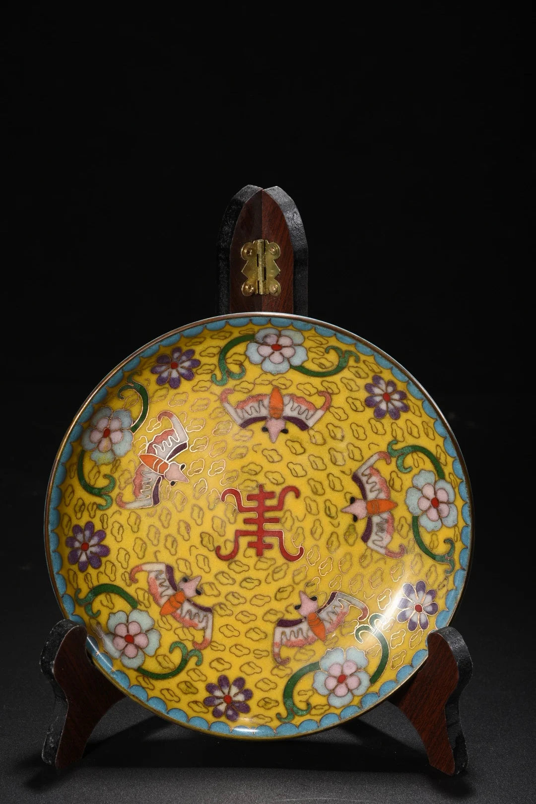 7"Tibetan Temple Collection Old Bronze Cloisonne Enamel Five bat patterns Longevity Reward Plate Amass wealth Ornaments