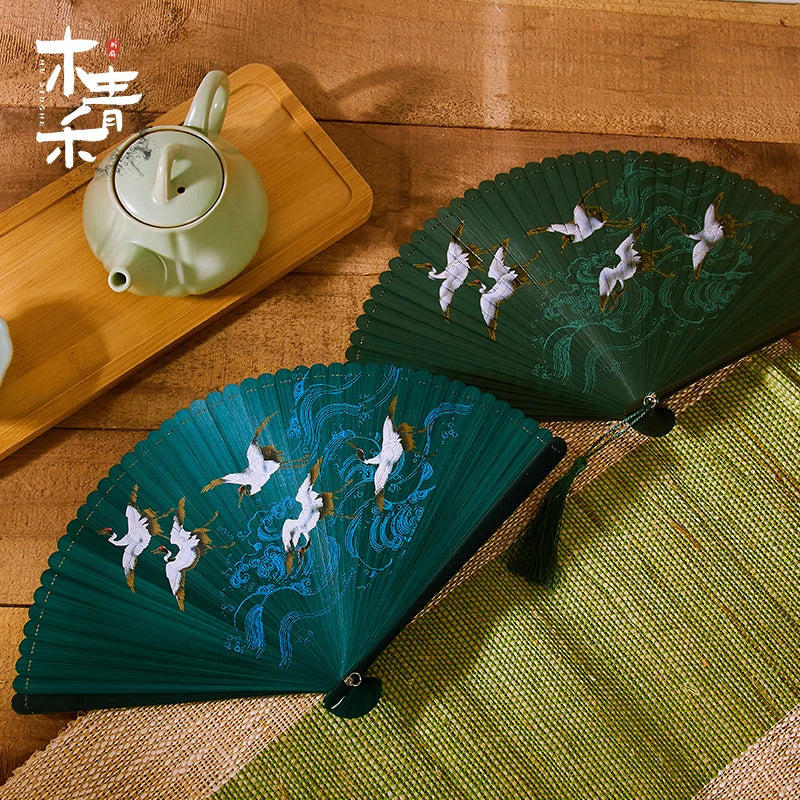 18cm Chinese style retro style all bamboo crane dark green big red bronzing folding fan portable cheongsam dance fan