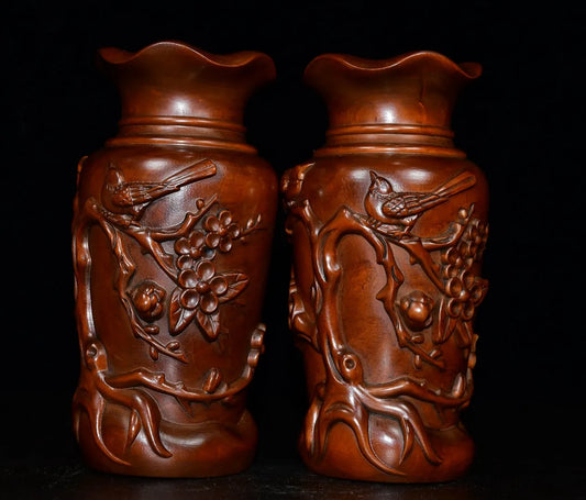 6"Tibetan Temple Collection Old Boxwood Magpie and Plum Blossom Pattern Vase  A Pair Amass wealth Ornaments Town house