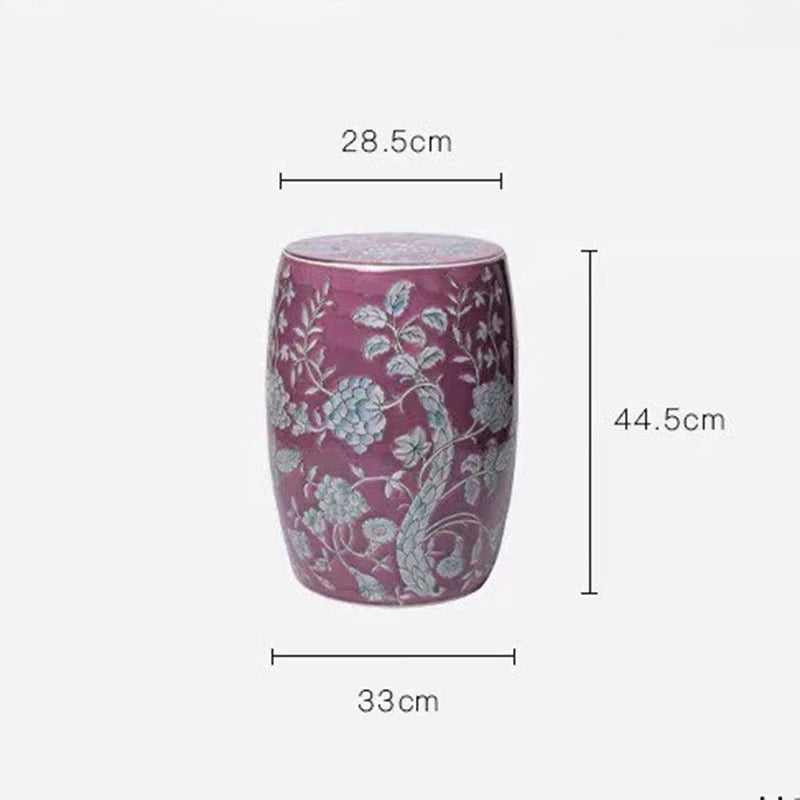 Hand-Painted Lavender Floral Ceramic Drum Stool | Botanical Accent Side Table