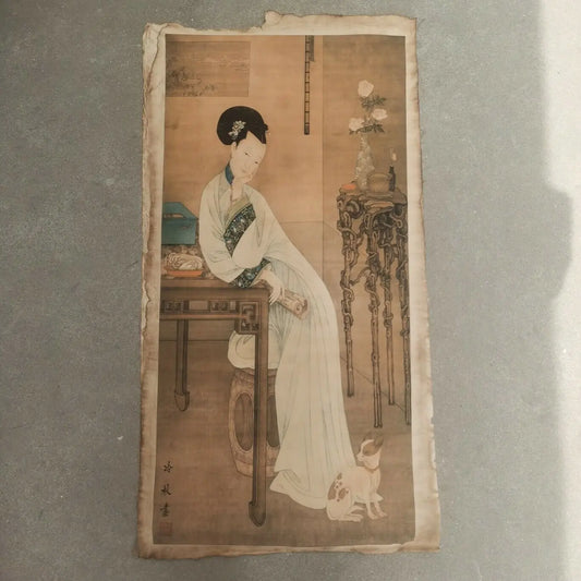 Vintage Chinesische Schriftrolle nach Leng Mei – Reispapier-Gemälde „Damen“