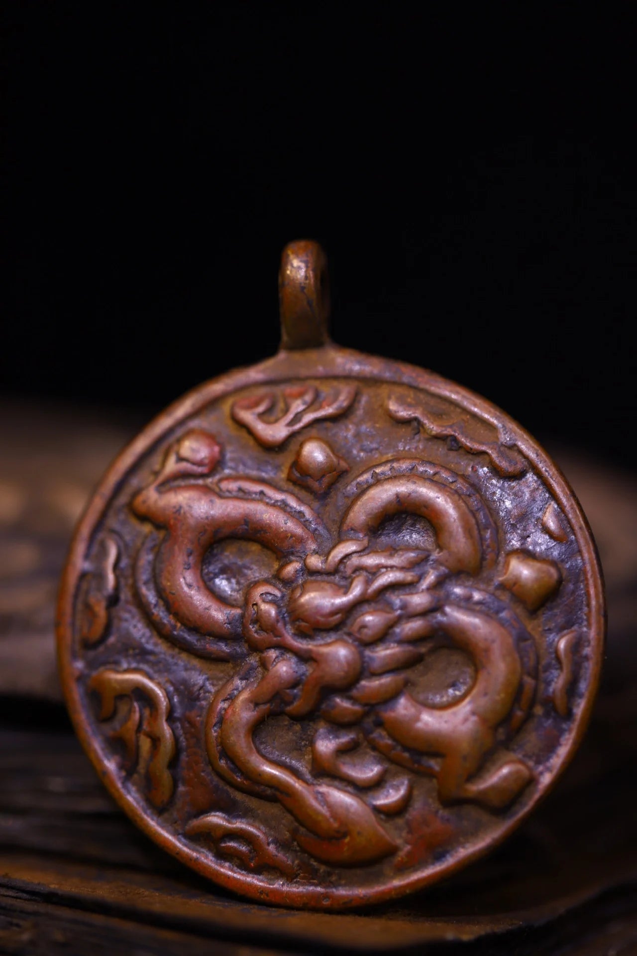 Tibetan Temple Bronze & Cinnabar Dragon Amulet – Buddha Card Pendant