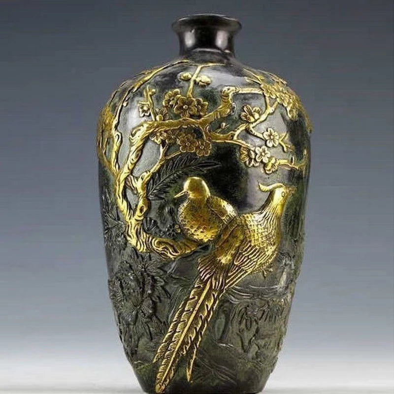 Gold‑Plated Copper Flower & Bird Vase – Chinese Vintage‑Style Decorative Pot (20 cm)