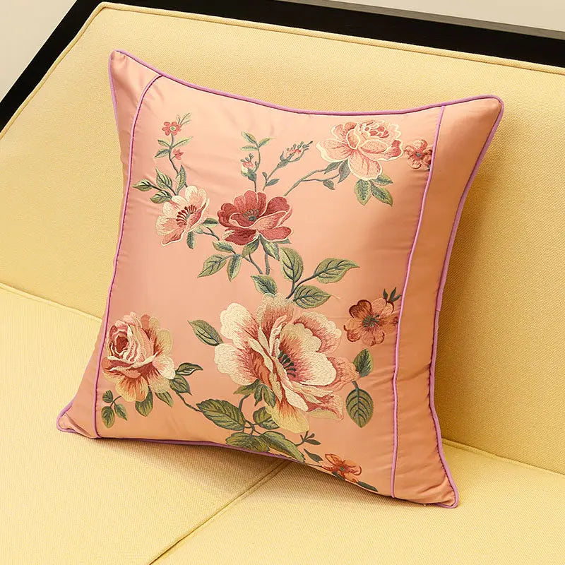 New Chinese-Style Flower & Bird Embroidered Pillow Cover – Silk-Touch Lumbar & Square Cushion Case