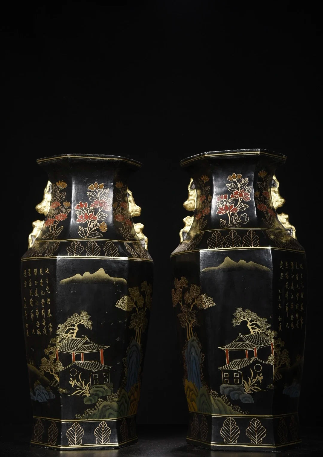 22"Tibetan Temple Collection Old Wood Lacquerware Outline in gold Tlandscape Pattern poetry Hexagonal Bottle Vase A Pair