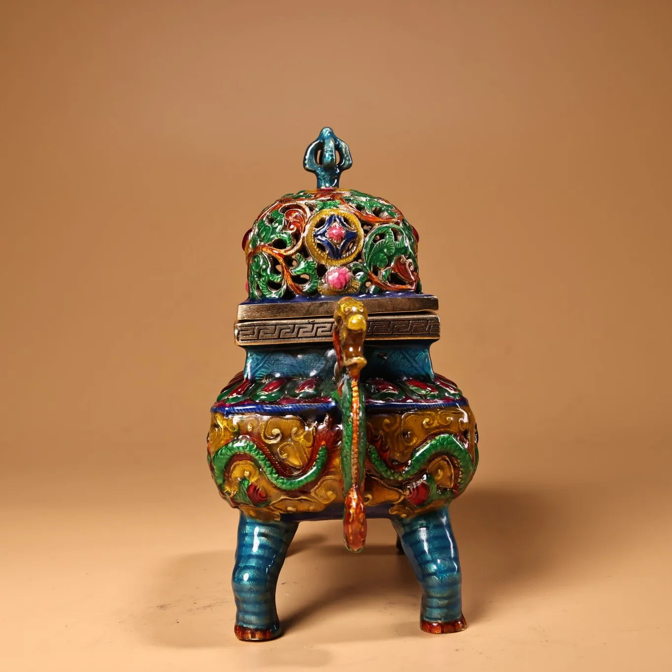 Temple Collection Bronze Cloisonné Phoenix Censer – Hollow-Cover Dragon-Ear Incense Burner