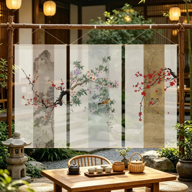 Japanese Zen Sheer Gauze Hanging Room Divider | Tea Room & Meditation Drape