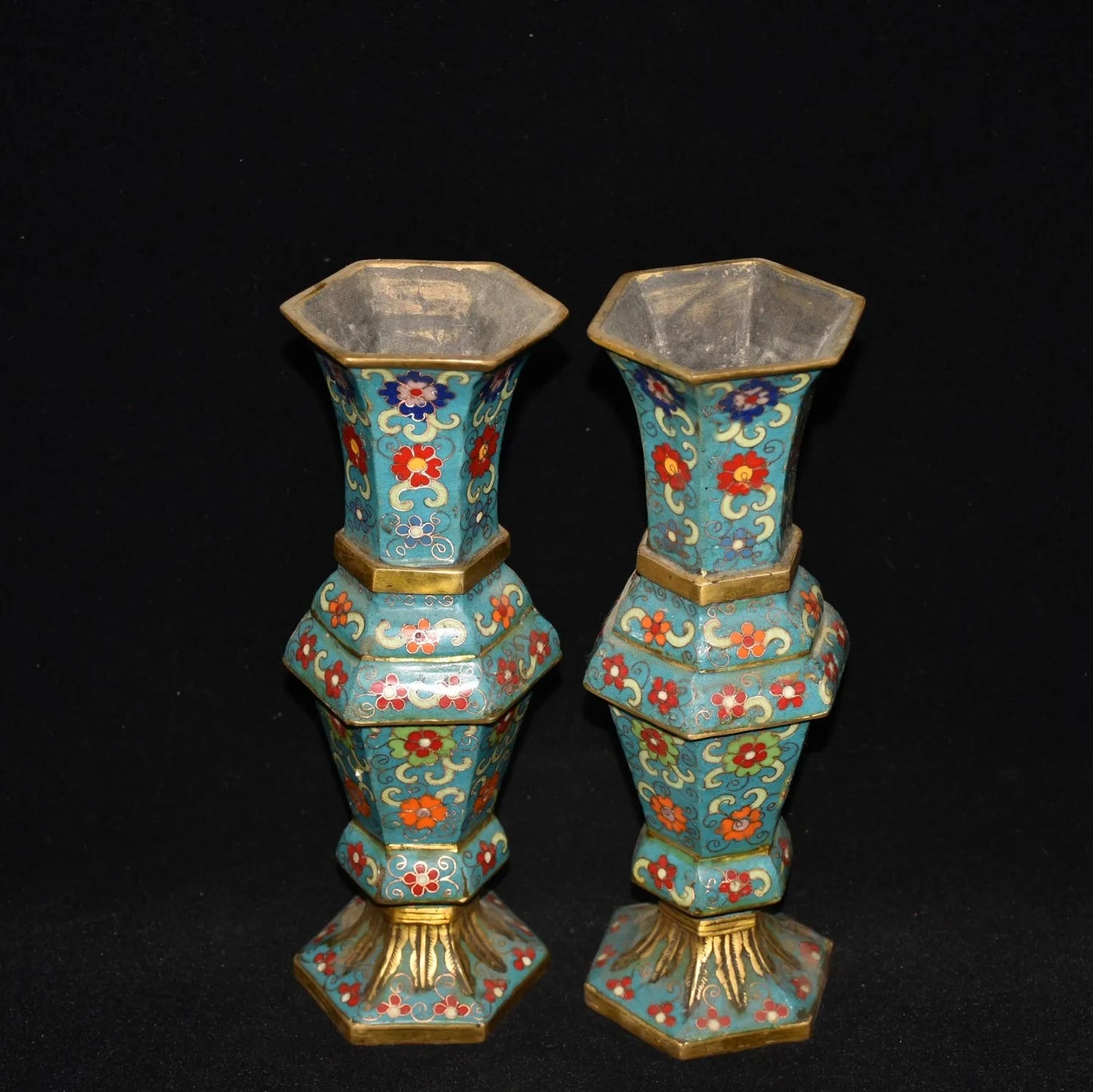Bronze Cloisonné Hexagonal Bottle Vases (Pair) – Temple Office Ornaments