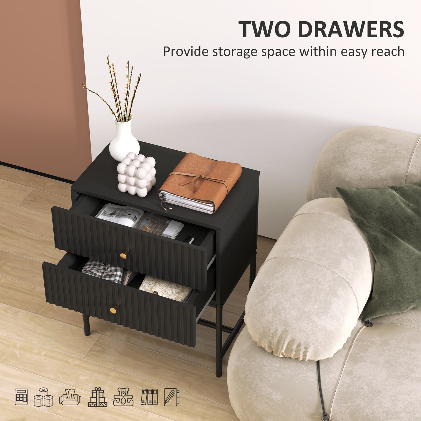 Elegant Two-Drawer Bedside or End Table - Black