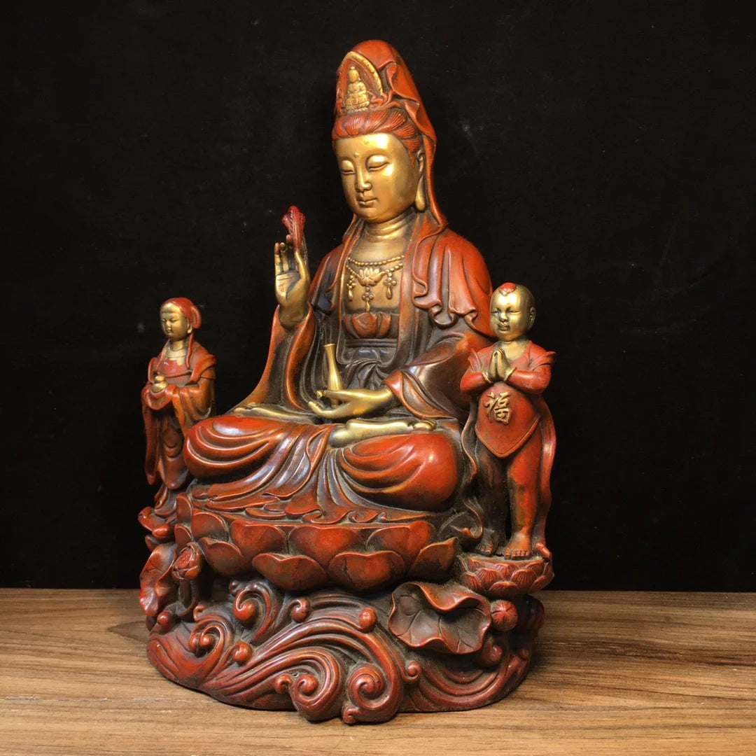 12" Bronze Gilded “Sending Boy” Guanyin – Temple Bodhisattva Statue