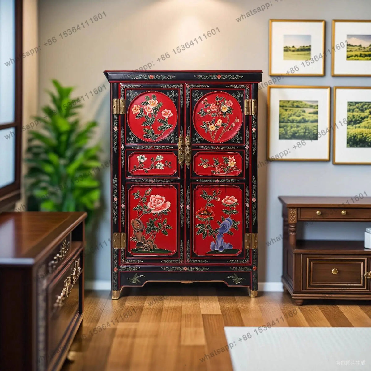 New Chinese engraving and filling process Intangible cultural heritage lacquerware Two-door cabinet Shoe cabinet Household