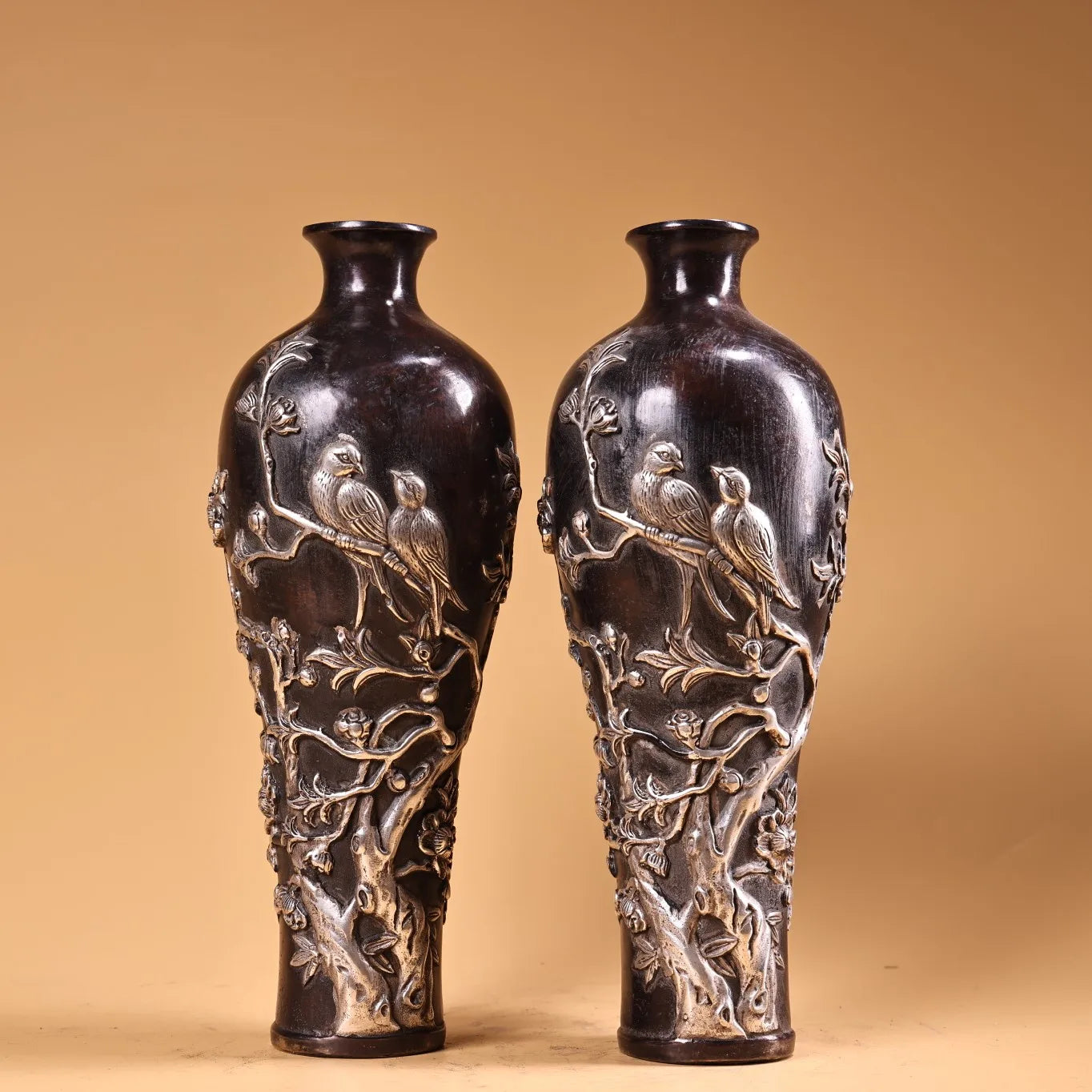 9" Bronze Gilded Silver Magpie & Plum Blossom Vase Pair