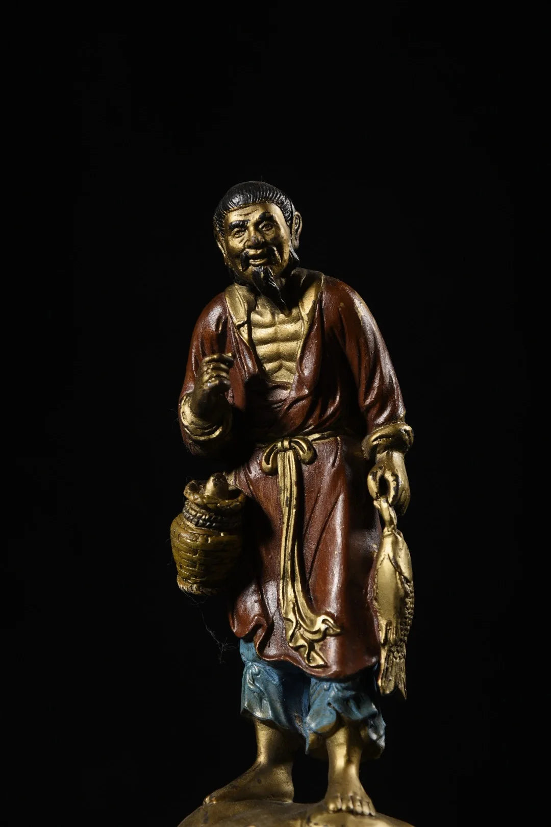 8" Tibetanische Tempelsammlung Alte Bronze Bemalte & Vergoldete Fischer Statue